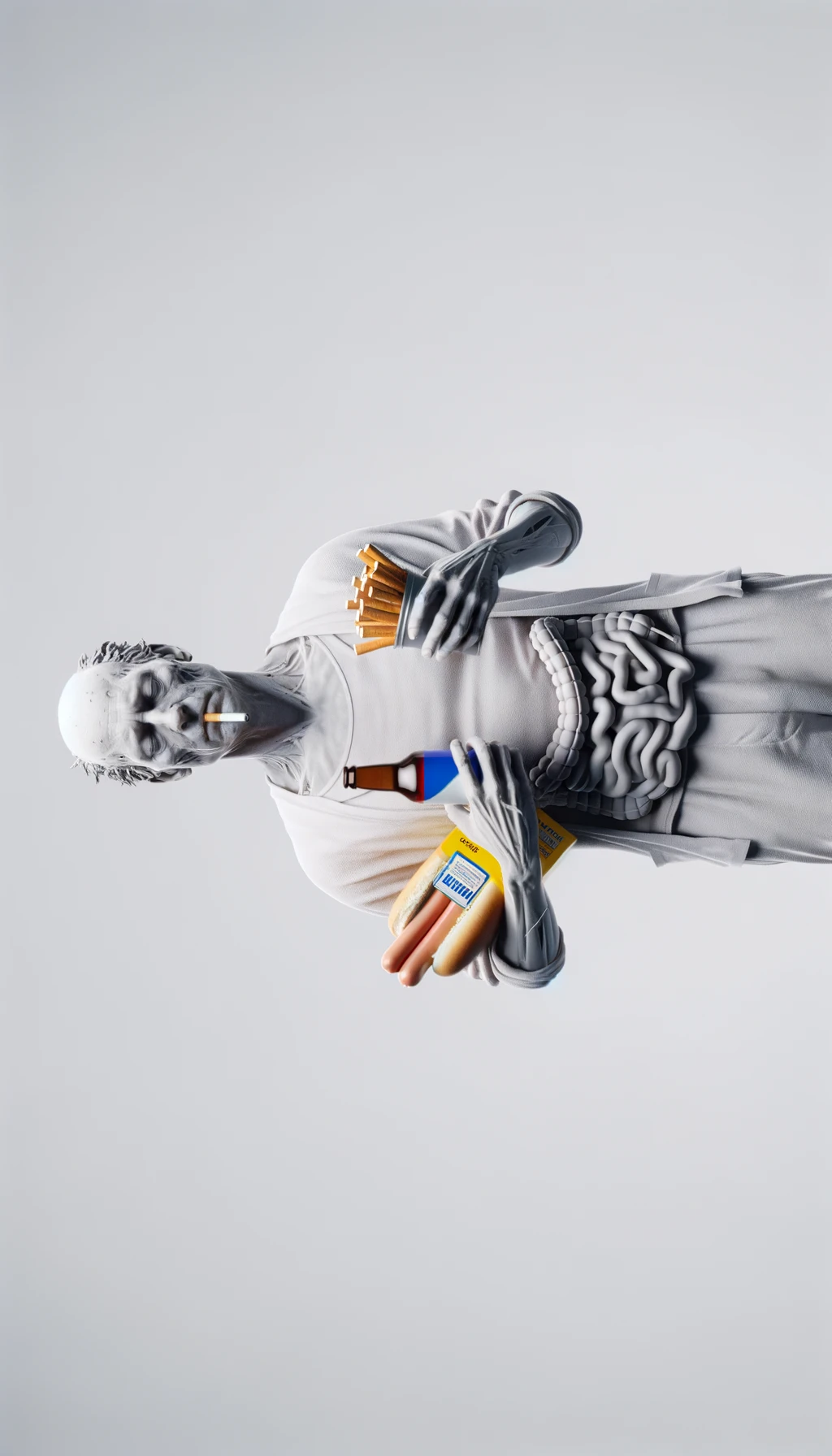 CORPO UMANO ANATOMICO CHE TRA LE BRACCIA SIGARETTE, ALCOL E WURSTEL CONFEZIONATI, LI GUARDA CON ESPRESSIONE INDECISA IN VOLTO, NEUTRAL CLEAR BACKGROUND, iperrealistico 4k emoji