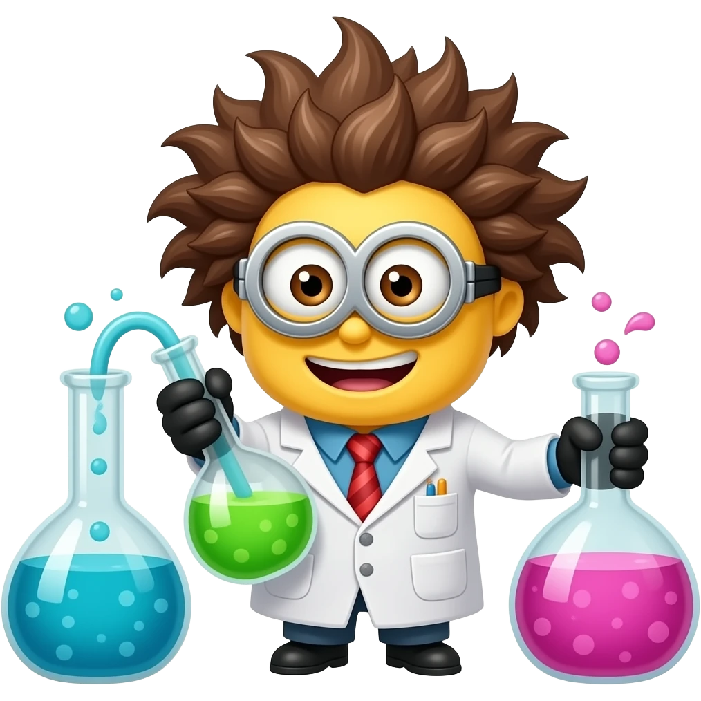 Mad scientist minion in lab coat with wild hair mixing potions emoji