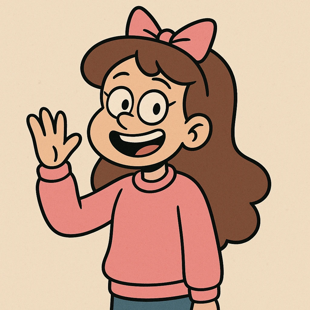 a happy girl waving, dressed in a pink sweatshirt, with a bow on her head, cartoon style emoji