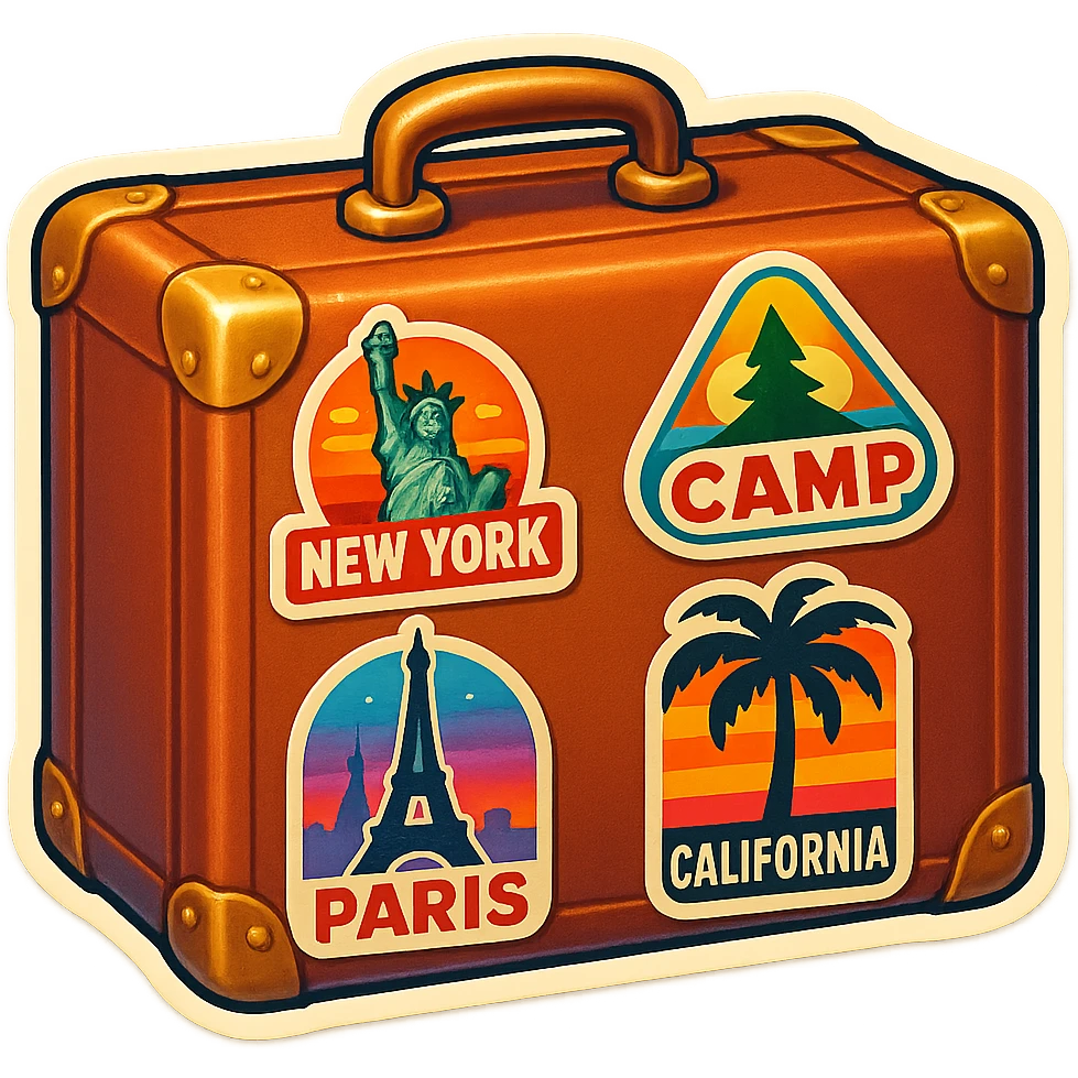 a camp trunk, vintage look, with travel stickers, detailed emoji