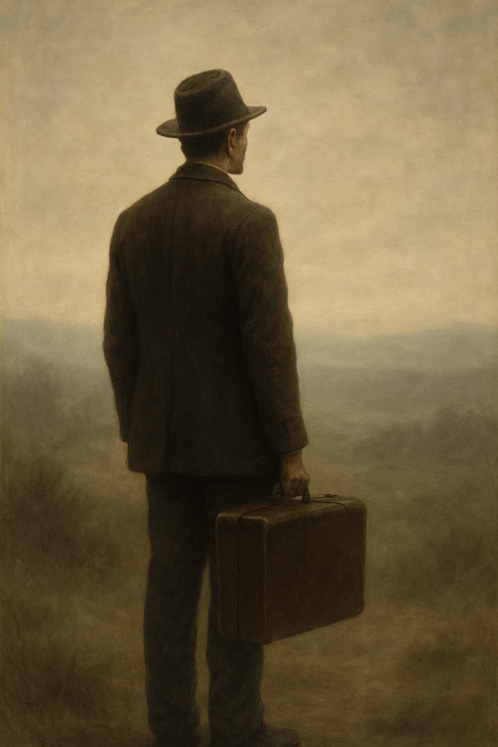a man with a suitcase, gazing at a distant horizon, early 1900s style, philosophical, sense of longing and introspection emoji