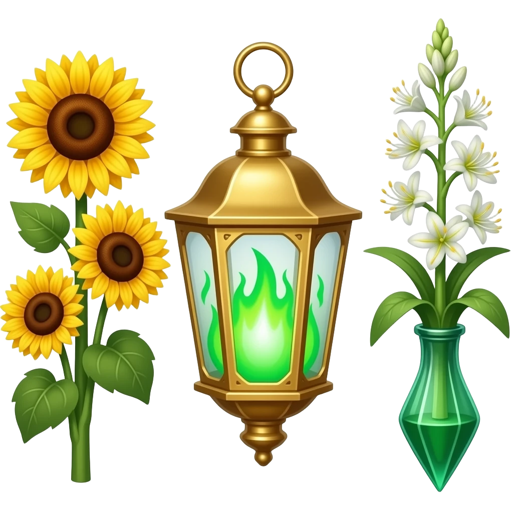 A golden hanging lantern with a bright emerald flames, an empty loop on top, fae themed sunflowers on the left and fully bloomed asphodels on the right as part of the design, but simple focus more on the green flames, paint the glass more green, have its bottom point come to some sort of point emoji