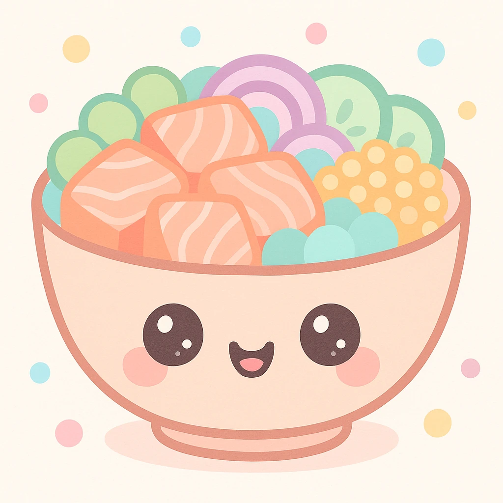 salmon poke bowl with cute face on bowl, bright colors, playful, simple background, kawaii style emoji