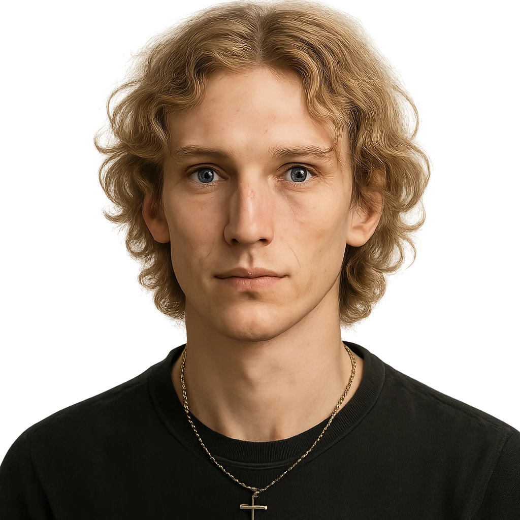 face of a white man, slim face, mildly hollow cheeks, blue eyes, semi long blond curly hair, wearing a chain with a cross, portrait, no background emoji