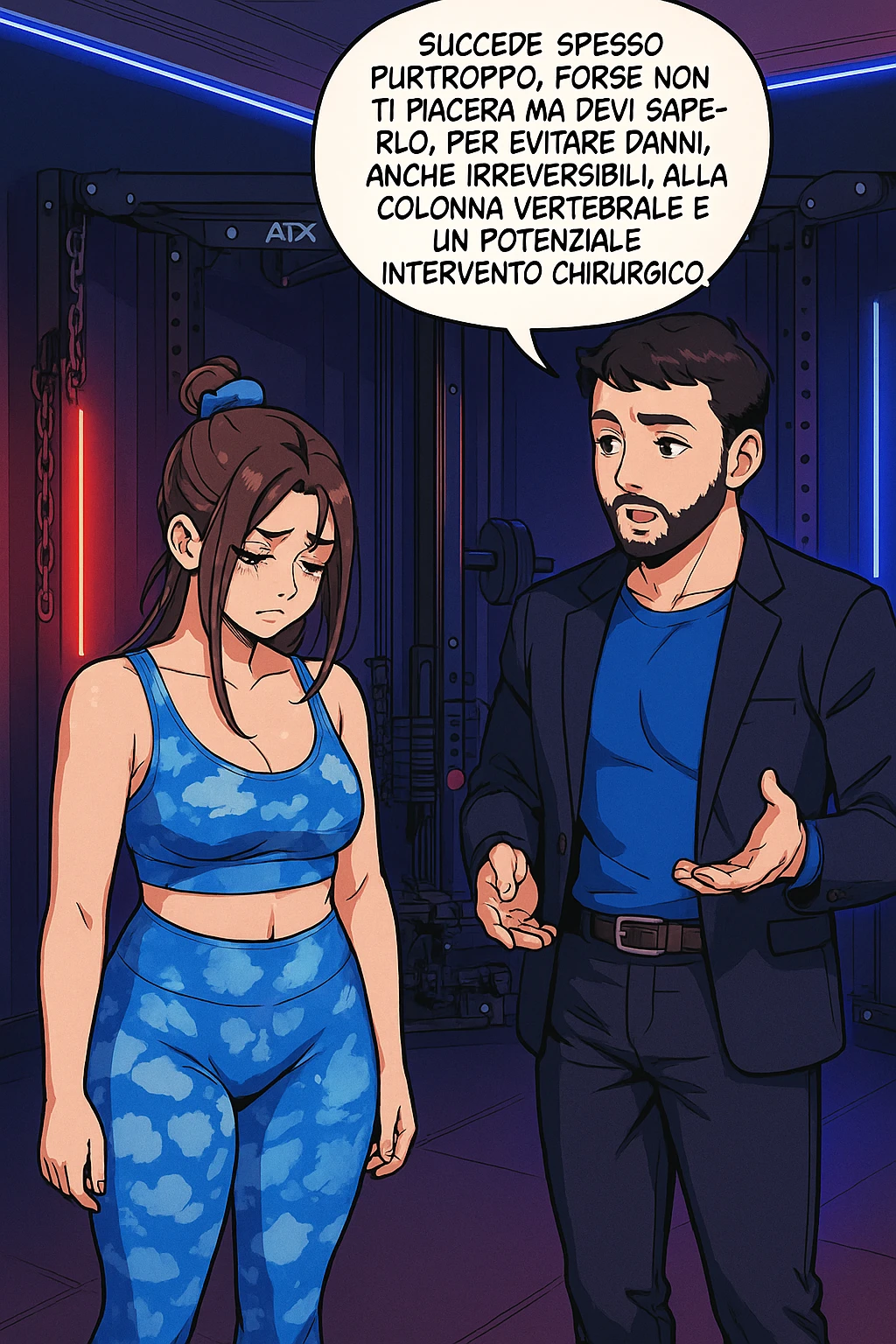 fai questa immagine in versione fumetto/manga/webtoon a colori, il manga mostra l'uomo che risponde alla donne:
Succede spesso purtroppo. 
Forse non ti piacerà ma devi saperlo, per evitare danni, anche irreversibili, alla colonna vertebrale e un potenziale intervento chirurgico. emoji