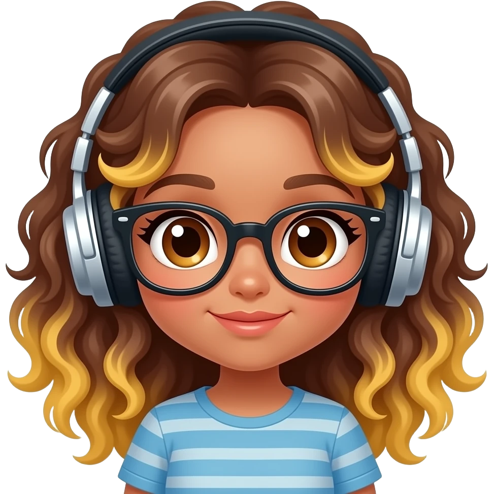 Chibi anime-style emoji with tan skin and curly brown hair featuring bright blonde tips. Wearing stylish glasses and large over-ear headphones. A Girl with long hair.  Big expressive eyes, cute aesthetic, vibrant colors, isolated on a plain background emoji