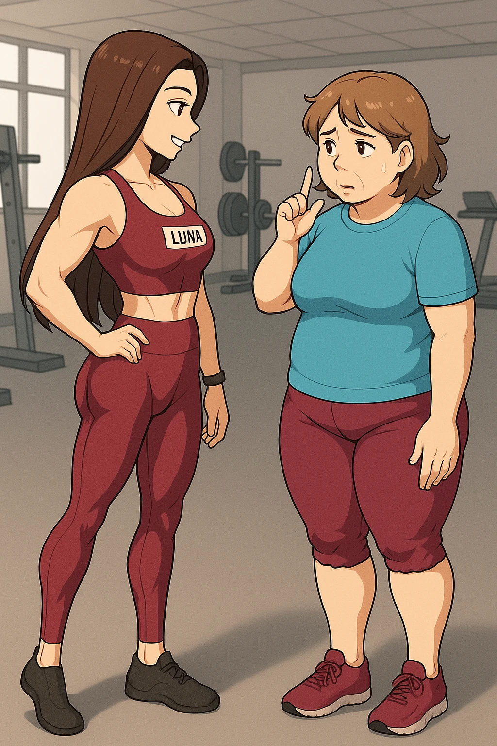 prendi spunto da queste immagini per fare: fai un webtoon/manga a colori con questa personal trainer (falle la scritta "LUNA" SU UNA TARGHETTA APPOSTA SUL TOP SPORTIVO CHE HA), che parla IN PALESTRA con una sua cliente che ha cellulite ed è leggermente in sovrappeso. LA SIGNORA è IN ABITI SPORTIVI E FA UNA DOMANDA A LUNA CON L'INDICE SUL MENTO ED ESPRESSIONE DUBBIOSA. LUNA STA DI PROFILO ALLA SIGNORA PER MOSTRARLE I MUSCOLI DEI FEMORALI CHE HA (LE STA CONSIGLIANDO DI ALLENARLI). NON FARE I FUMETTI, FAI SOLO LORO COME SE DIALOGASSERO. FAI LE DUE FIGURE A FIGURA INTERA CON IL CORPO INTERAMENTE VISIBILE emoji