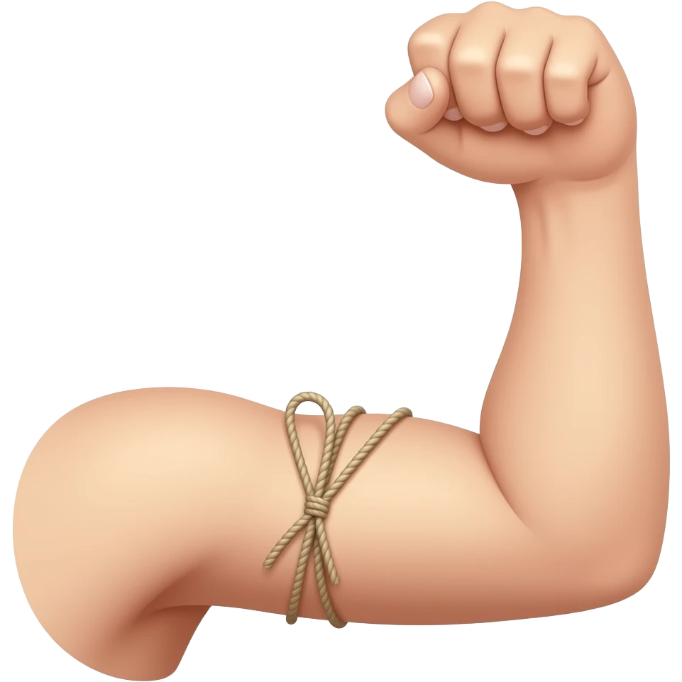 Elastic rope tied around arm where elbow meets arm but showing full arm from shoulder to hand but only gied around  right above elbow emoji