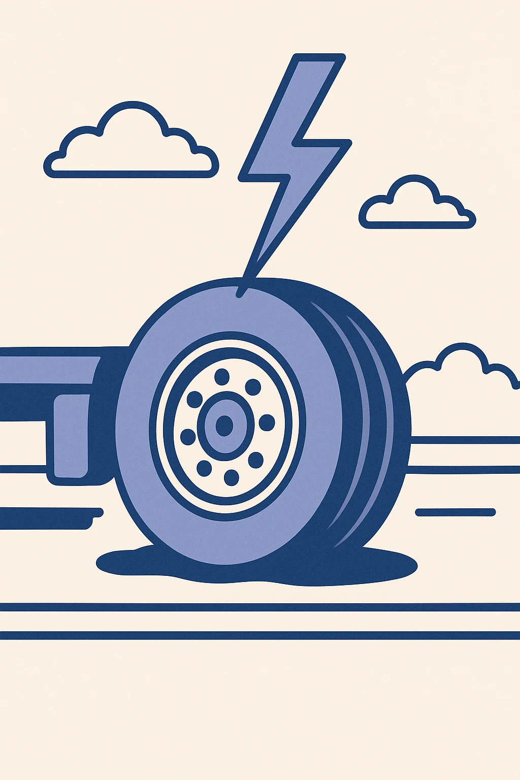 flat semi truck tire on a highway being struck by lightning, dramatic, dynamic, flat illustration style emoji