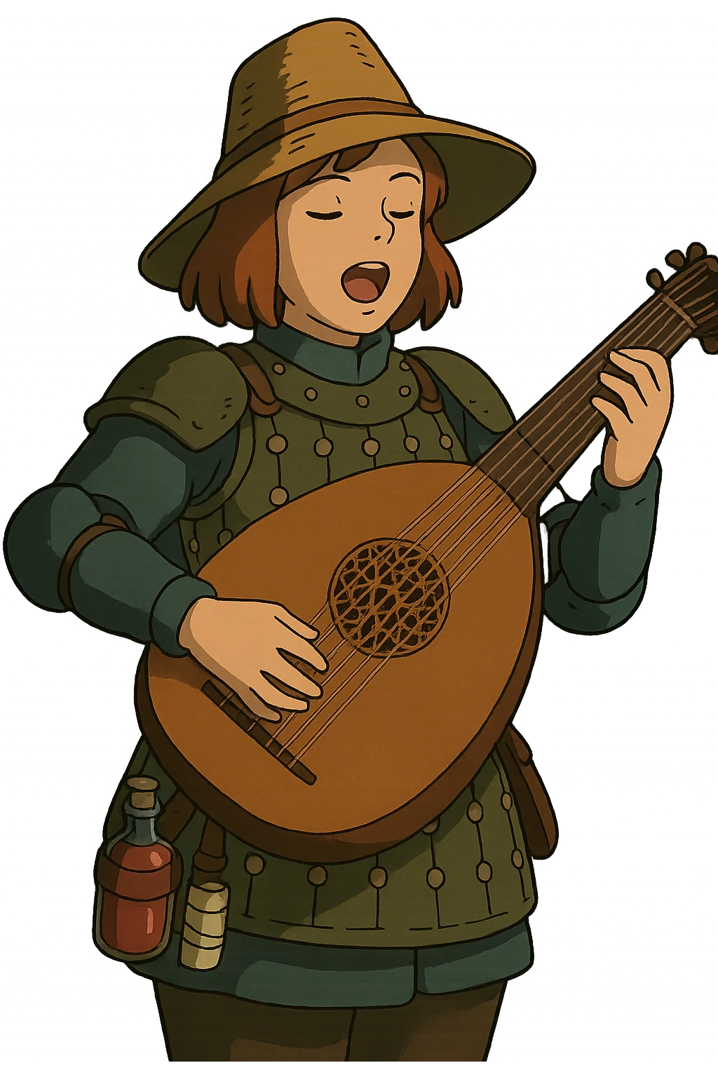 A female bard wearing brigandine armor with a sturdy straw hat, playing a fat medieval lute and singing, night time shadows, tool belt with red potion and bandages, portrait  emoji