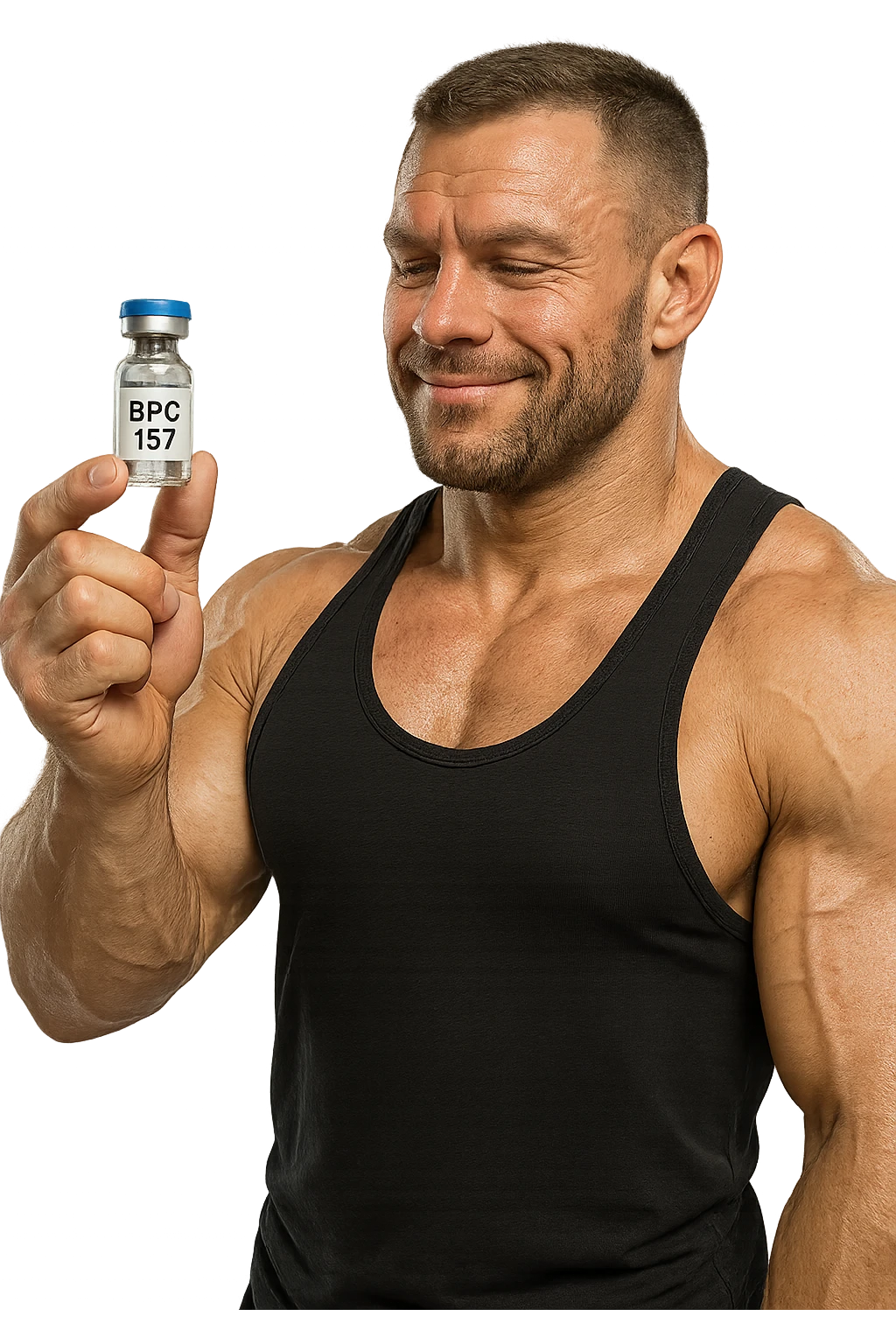 BODYBUILDER A FIGURA INTERA CHE TIENE IN MANO UNA FIALA MEDICA CON la scritta "BPC 157" SULL'ETICHETTA E LA GUARDA SODDISFATTO, iperrealistico 4k emoji