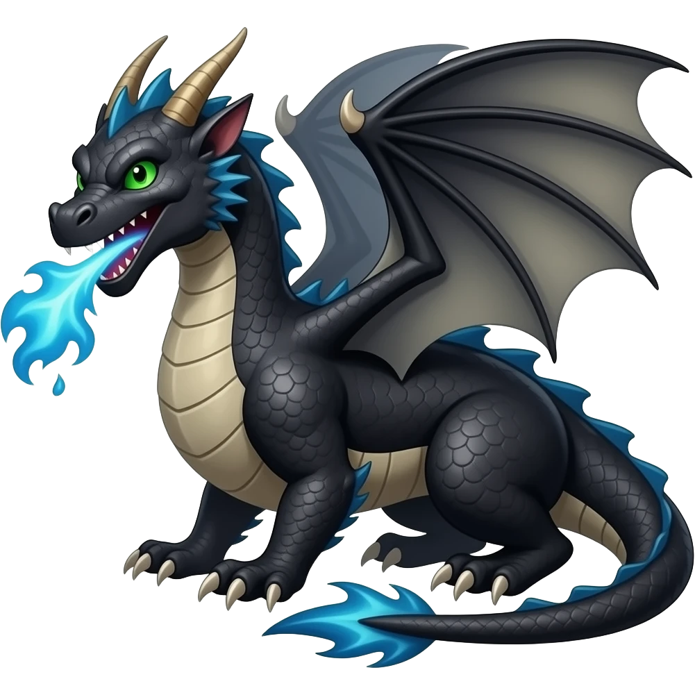 Dragón negro con ojos verdes y aliento de fuego azul emoji