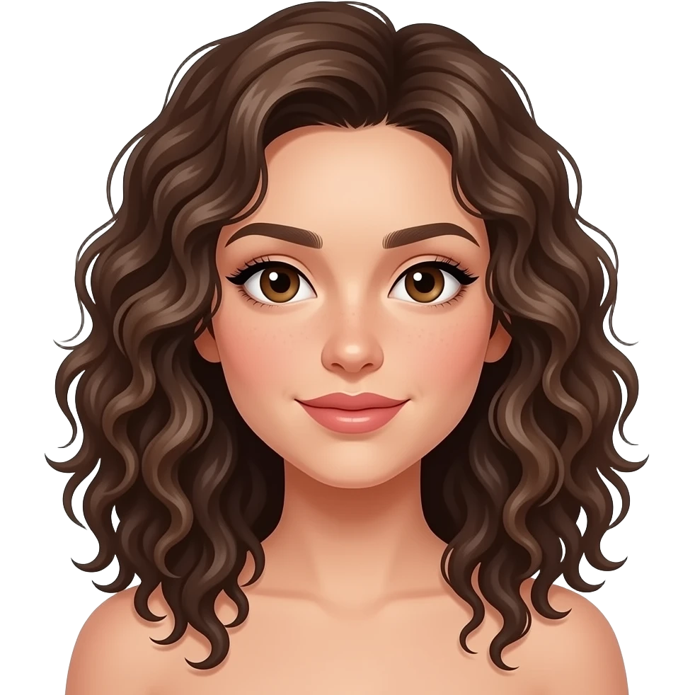 Sie hat eher starke so diese nassen und Schulter lang locken die man immer mit den fingern machen soll die fangen eher unten an und sind nicht so voluminös . Braune Augen. Sie hat eher ein junges Gesicht emoji