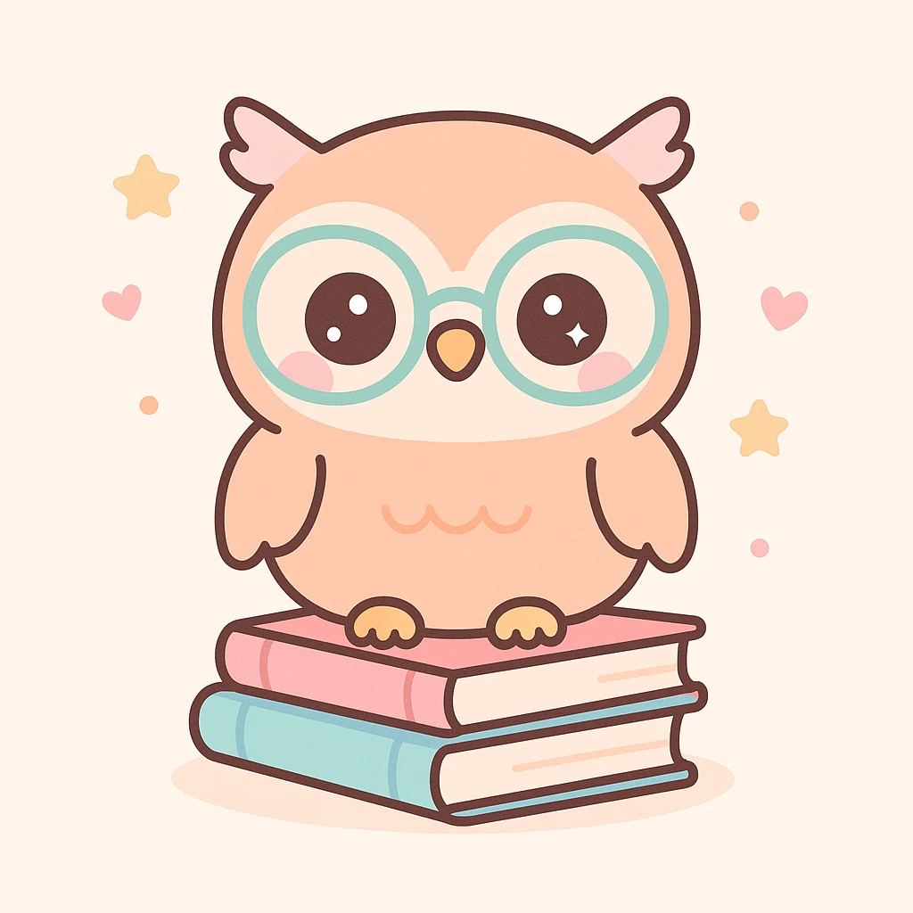wise owl wearing glasses sitting on a stack of books in kawaii cute style emoji