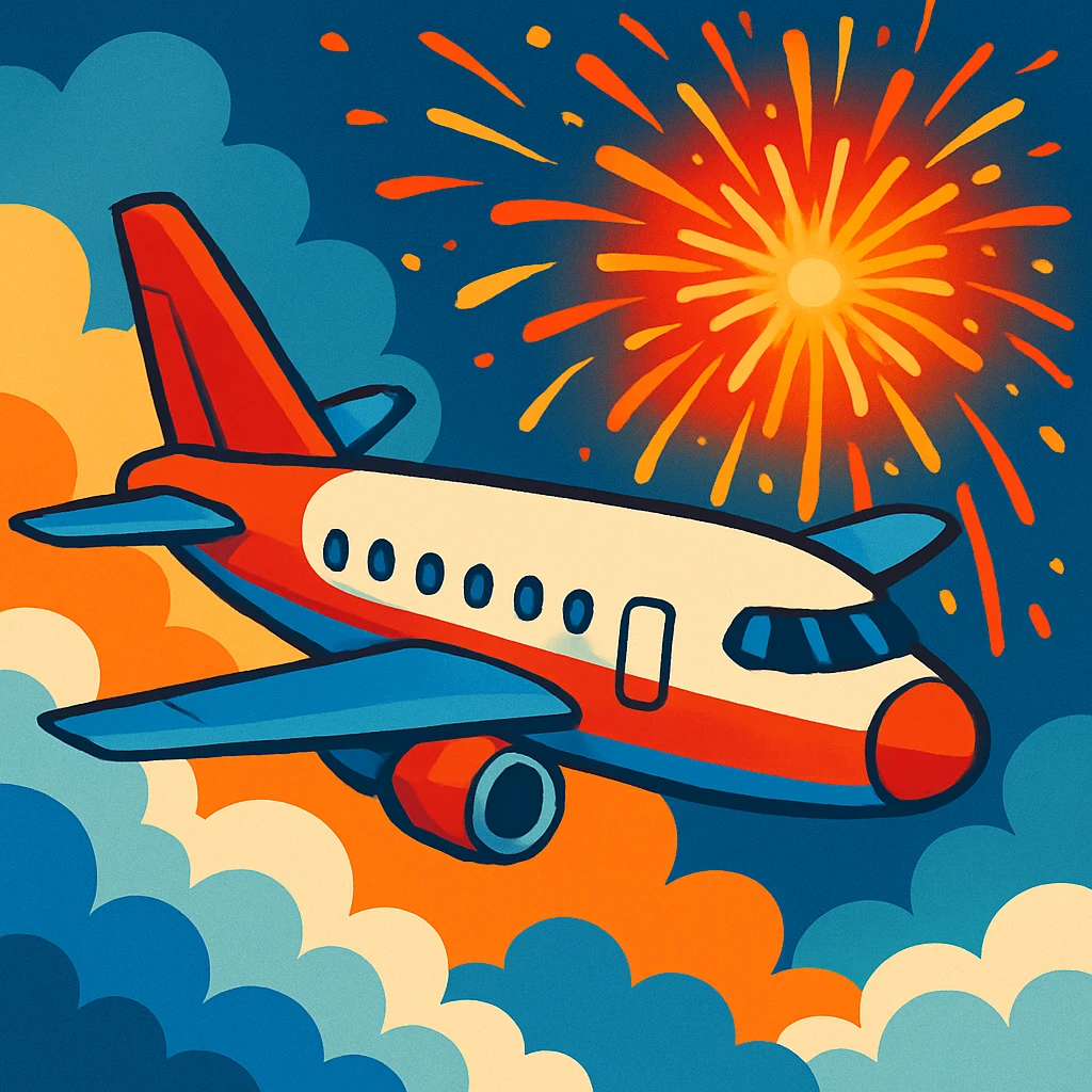 A jet airplane in the clouds with fireworks bursting nearby, creating a dramatic explosion of colors in the sky emoji