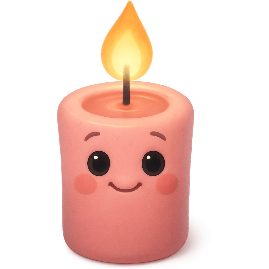 Draw a pink, Pixar-style candle with a flame. The candle should be visible from the front and top. emoji