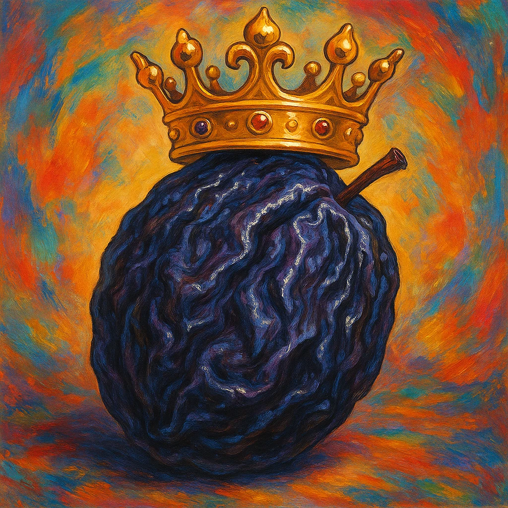 prune fruit with a crown, detailed, vibrant colors emoji