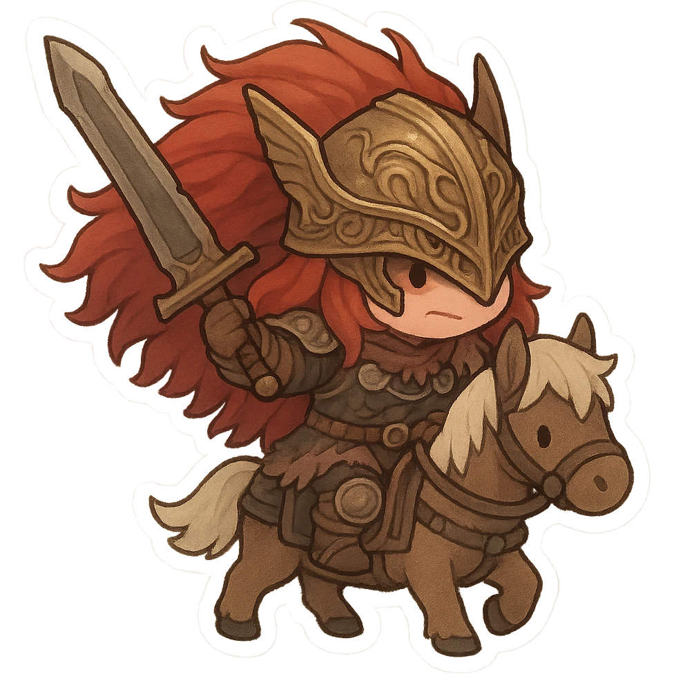 Starscourge Radahn stylized as a chibi character, oversized helmet, red hair, riding a small horse, cute and fierce, fantasy vibe emoji