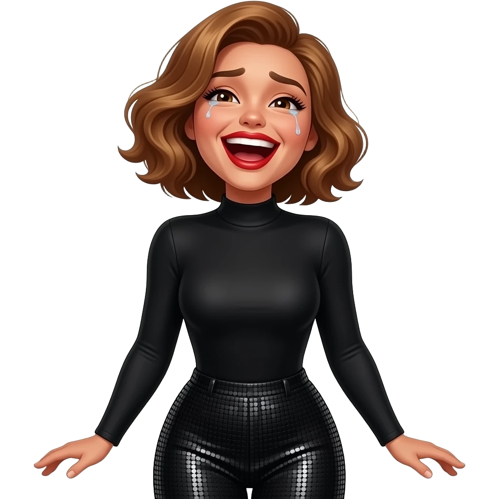 glamours,-tanned,-very-beautiful-woman-with-big-plump-red-lips,-long-long-lashes,-honey-silky-very short- hair,-wavy-hair,-hazel-eyes- wearing-black-Long-sleeved-bodysuit-and-black-sequinned-pants-black-and-laughing-out-loud-with tears-&-throwing head back-waist-up emoji