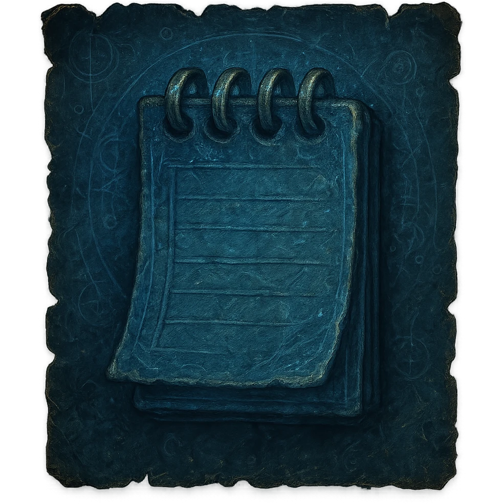 Windows 11 Notepad icon reimagined in the style of Elden Ring notes, blue color, aged mystical parchment with tattered edges, subtle magical and ancient details, no text, just the notepad look, option 1 emoji
