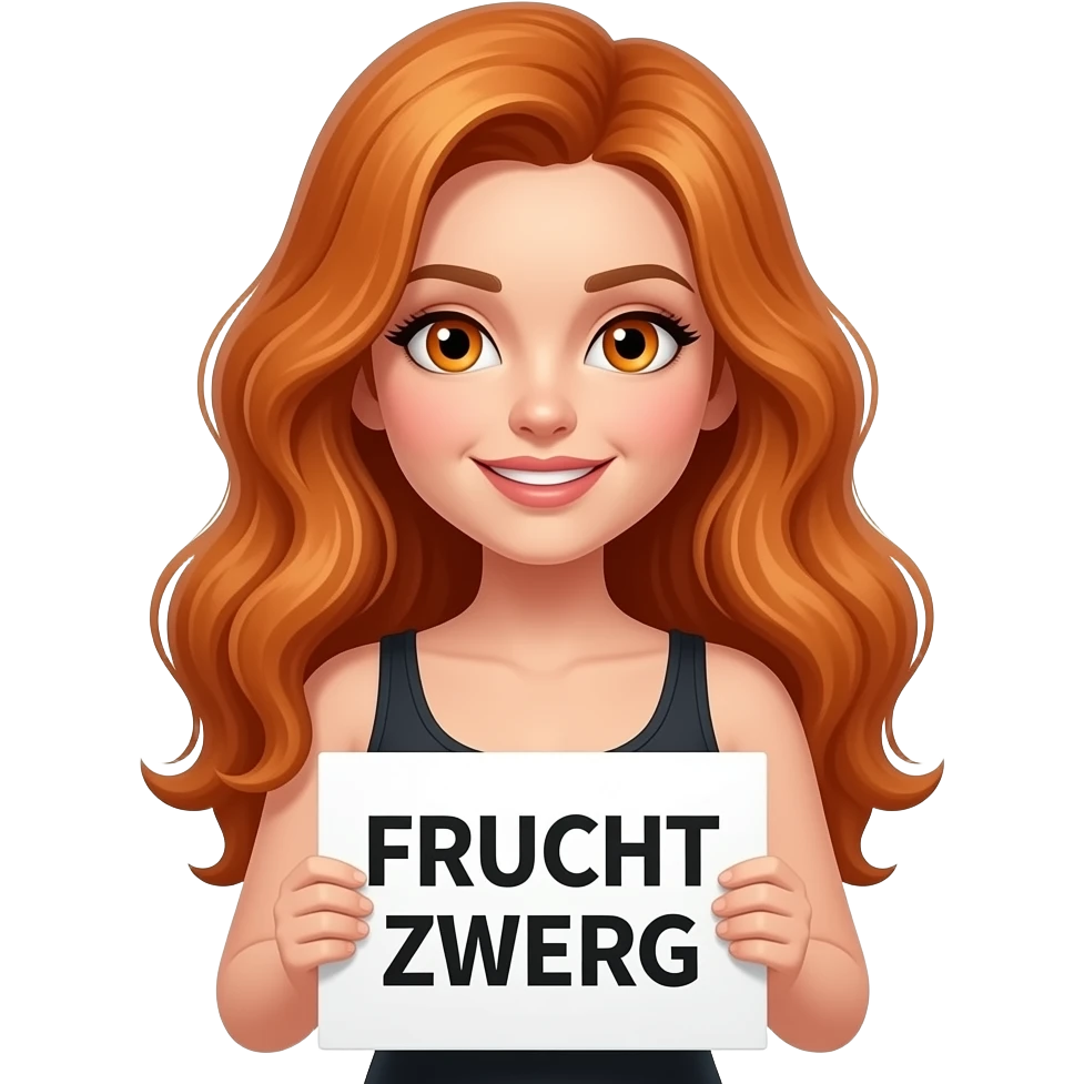 sexy girl with long wavy ginger hair and ginger eyes wearing a black tanktop is holding a white colored sign with FRUCHT ZWERG written on it emoji