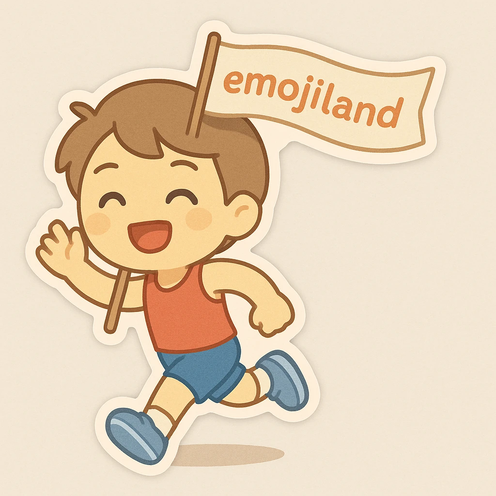 happy runner waving a flag that says 'emojiland' emoji