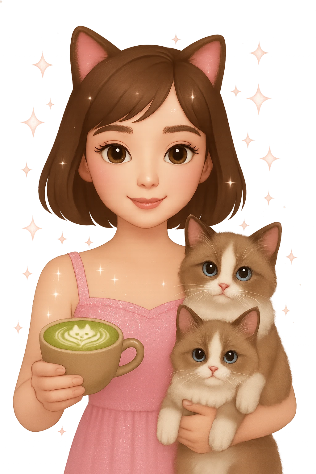 Add a matcha latte to the scene, keeping the Apple emoji style and pink soft girl aesthetic, featuring the girl with short brown hair, makeup, skincare, sparkles, and two light brown ragdoll cats. Maintain the transparent background and the overall Apple emoji style look. emoji