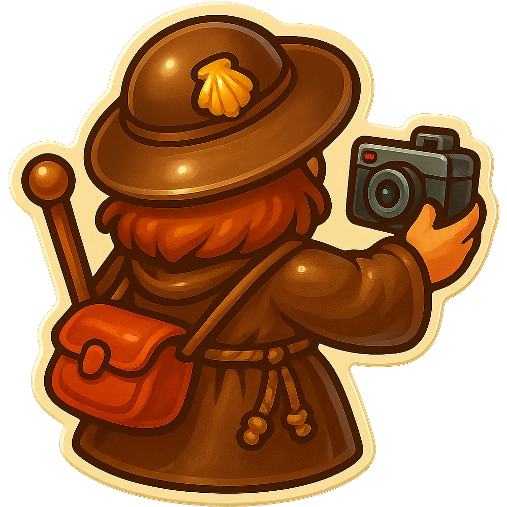 Create a small, funny medieval pilgrim taking a photo, seen from behind, in retro stickers style with a transparent background. Keep the character humorous and medieval-themed, matching the style of the reference image. emoji