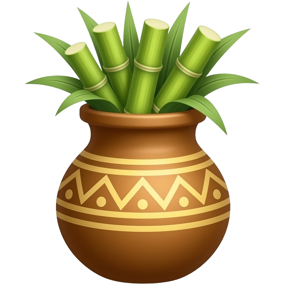 Brown clay pot decorated  matka with sugarcane inside emoji