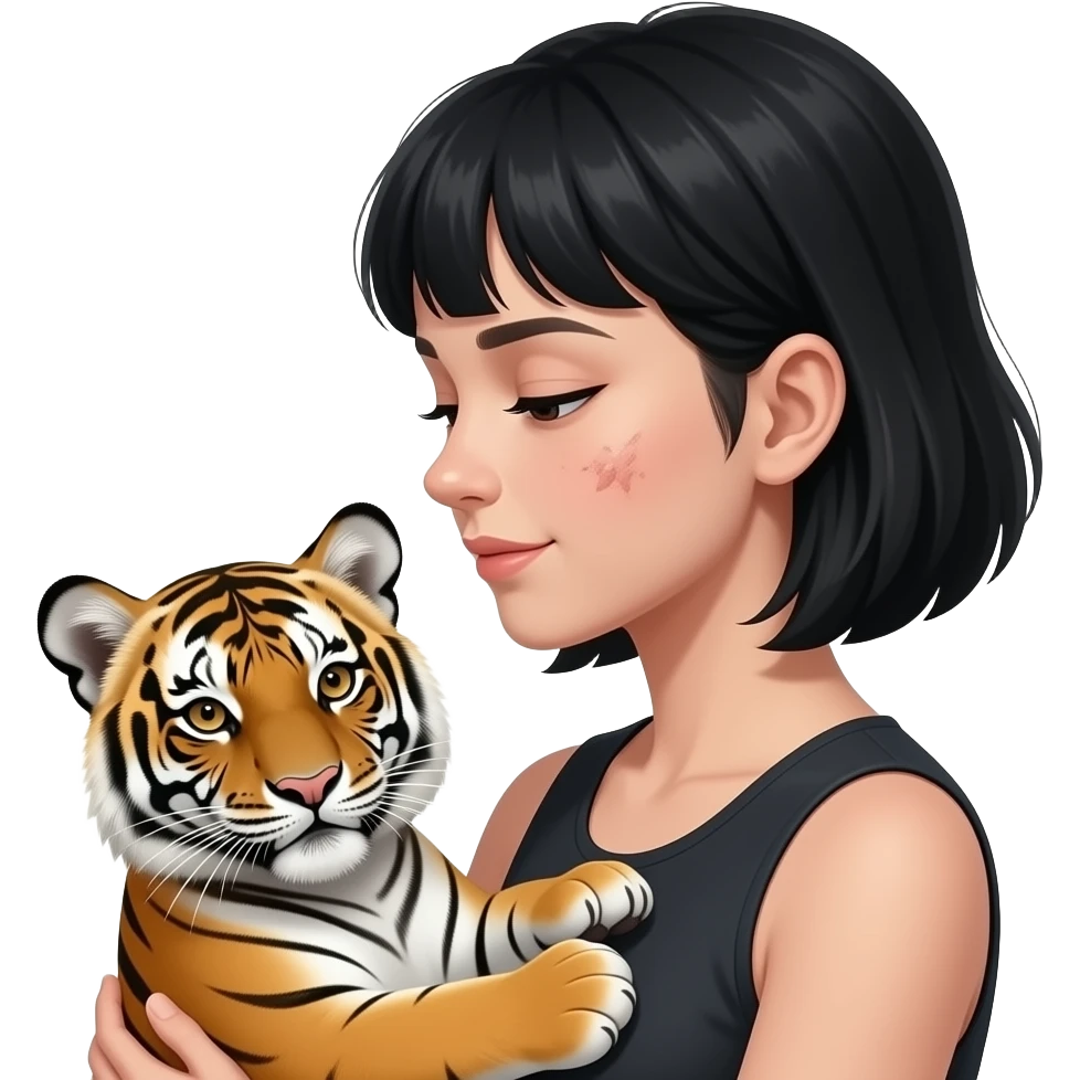 Garota de cabelos preto de franjinha com sarna no rosto com de lado é com um bebê tigre no colo emoji
