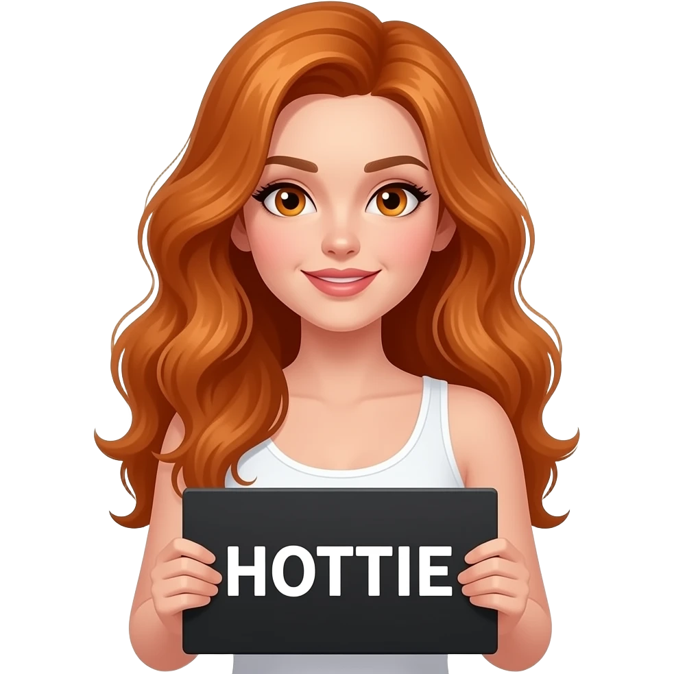 sexy girl with long wavy ginger hair and ginger eyes wearing a white tanktop is holding a black colored sign with HOTTIE written on it emoji