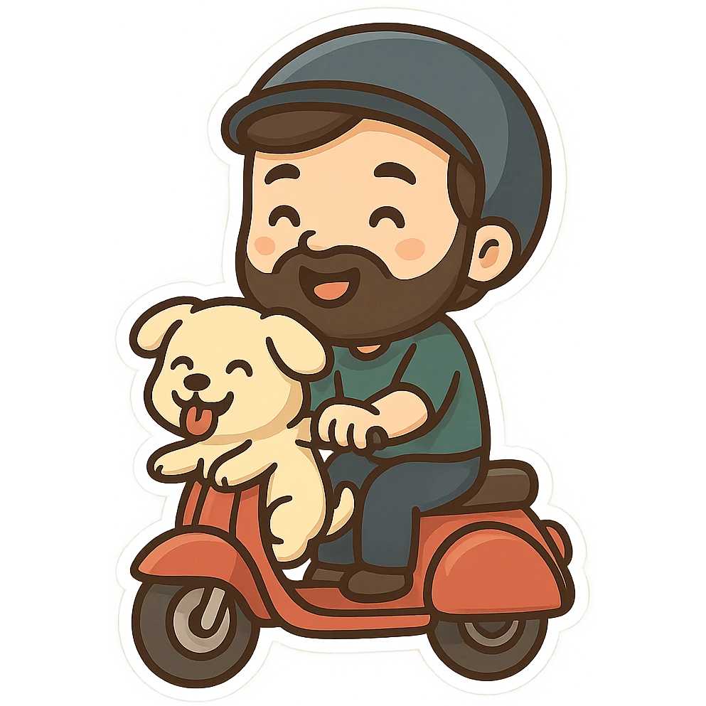man and his pet dog riding a vespa emoji