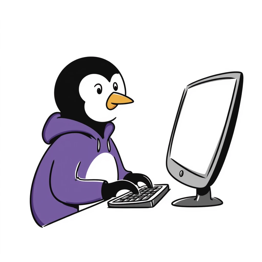 A hand-drawn penguin wearing a purple hoodie typing enthusiastically on a computer keyboard emoji