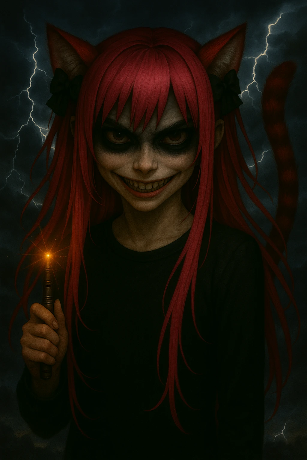 Edit the image to add a dark, stormy background with lightning and dramatic clouds. Keep the scary expression, emo style, pink hair, magical accessory, and sparkles. Render in a realistic anime style with detailed lighting and atmosphere. emoji