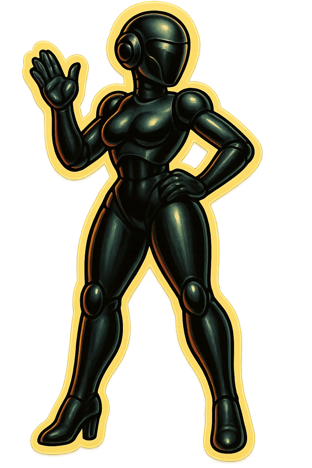 Combine the slim, sleek black female robot with the pose and proportions of the green cartoon robot, but give her a powerful, confident, and commanding pose (not friendly), in retro sticker style with bold outlines and a transparent background. emoji