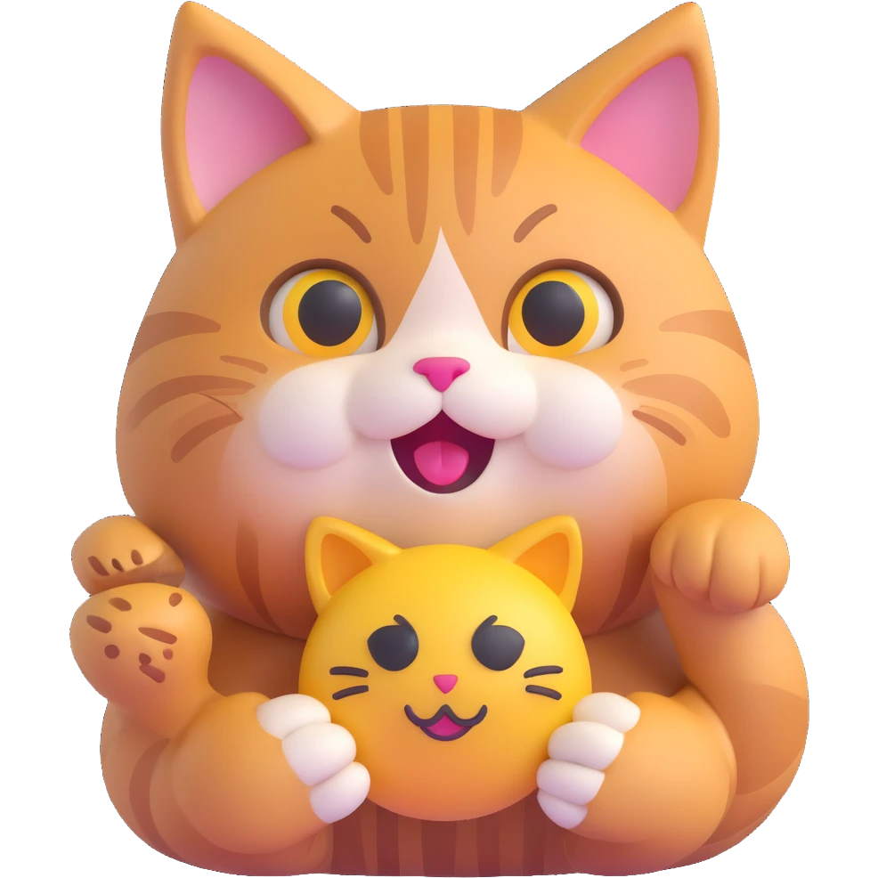 realistic 3D cat with detailed and soft fur texture, shiny eyes, holding a 3D emoji, warm and friendly expression, realistic fur details, realistic 3D style emoji