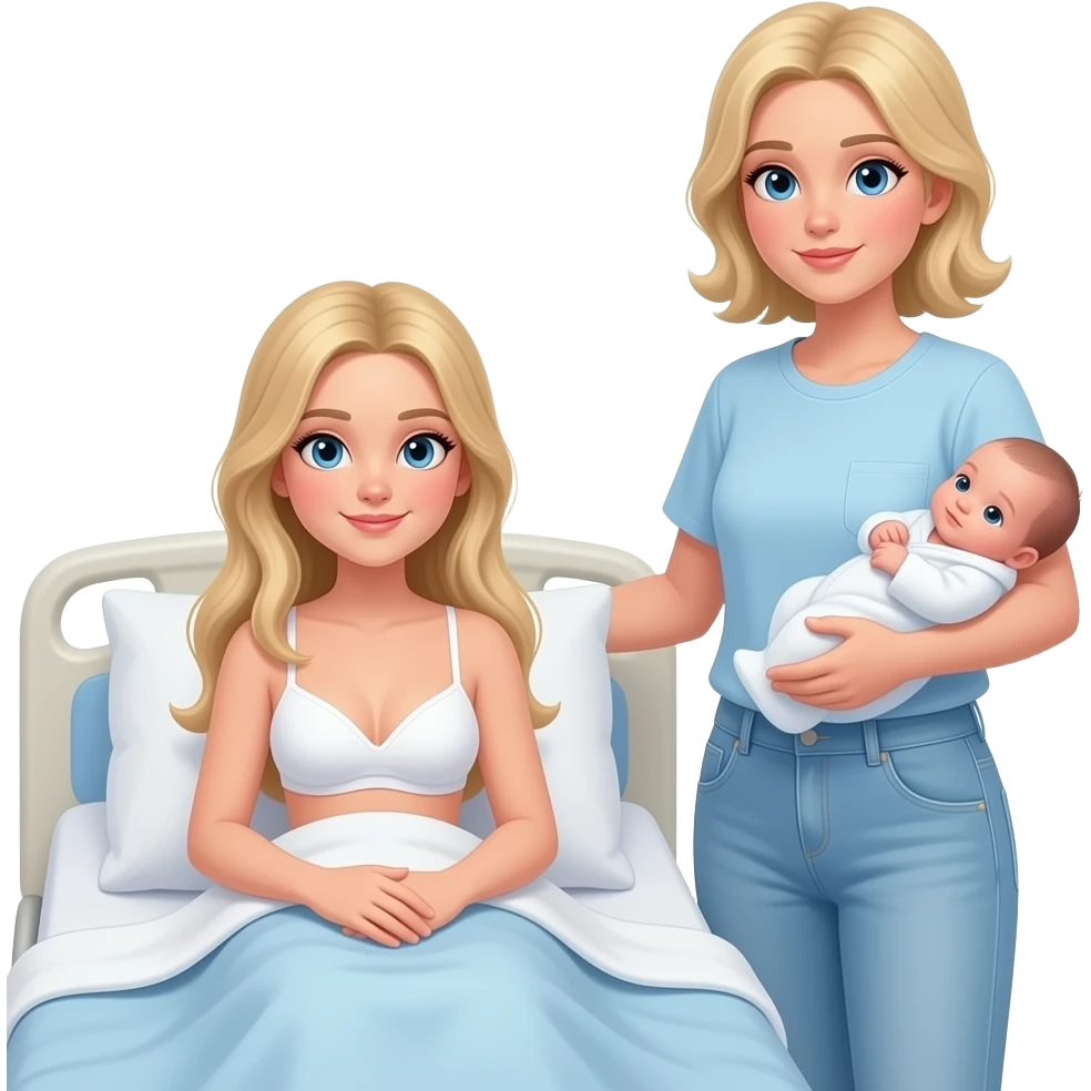 in hospital bed in blanket 17 year old Woman with long blonde hair, and light blue eyes, wearing white bra and light blue baggy jeans with skinny body, holding newborn girl, with 38 year old mom with blonde hair and blue eyes holding baby girl on the waist with one arm, standing beside bed emoji