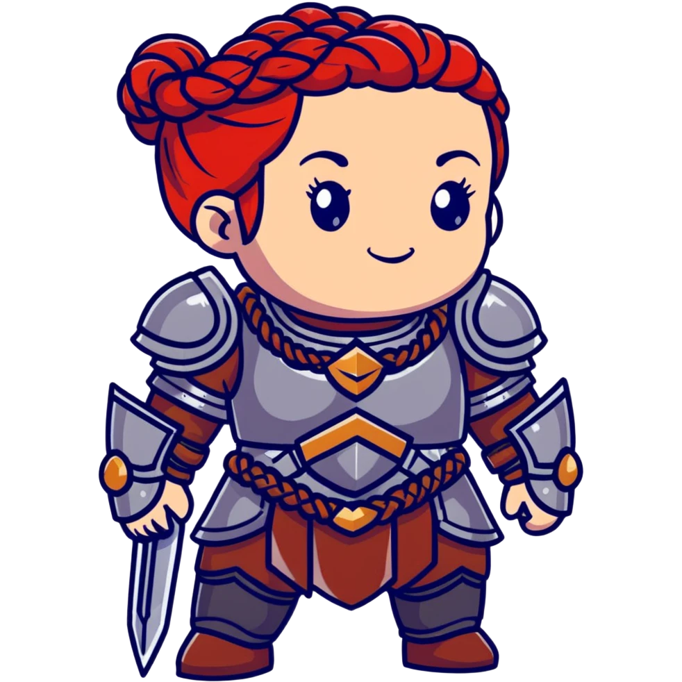 female dwarf from Lineage 2 with braided red hair, stocky build, wearing fantasy armor and jewelry emoji