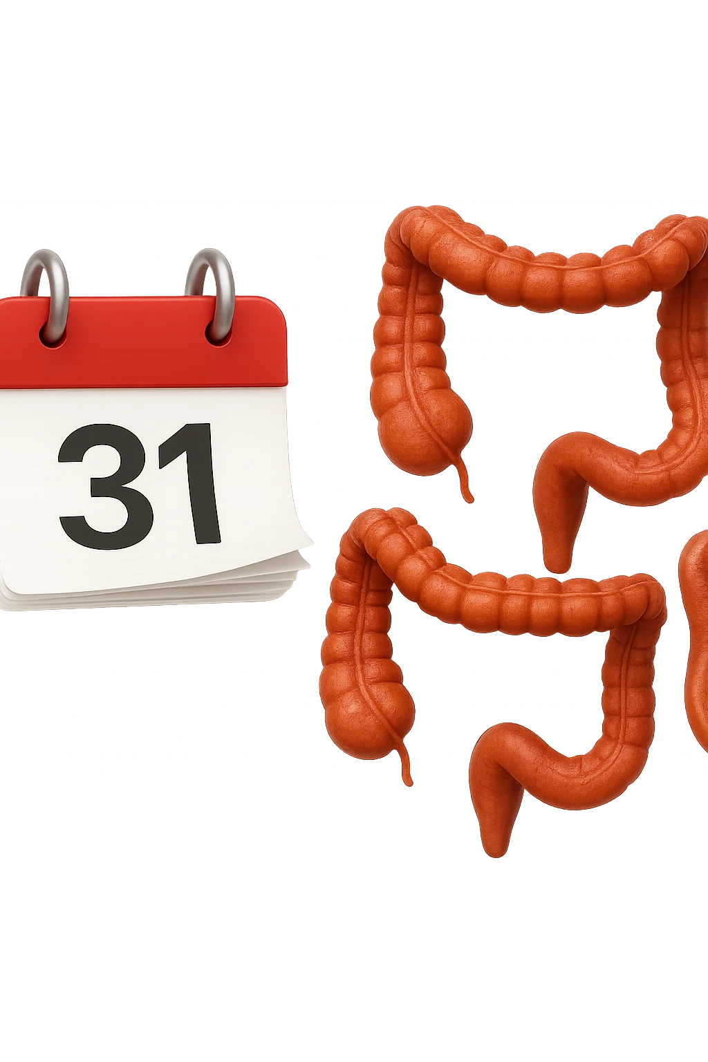 emoji stile iphone di un calendario con fogli che volano insieme a pezzi anatomici di colon umano, iperrealistico 4k, isolato su sfondo bianco emoji