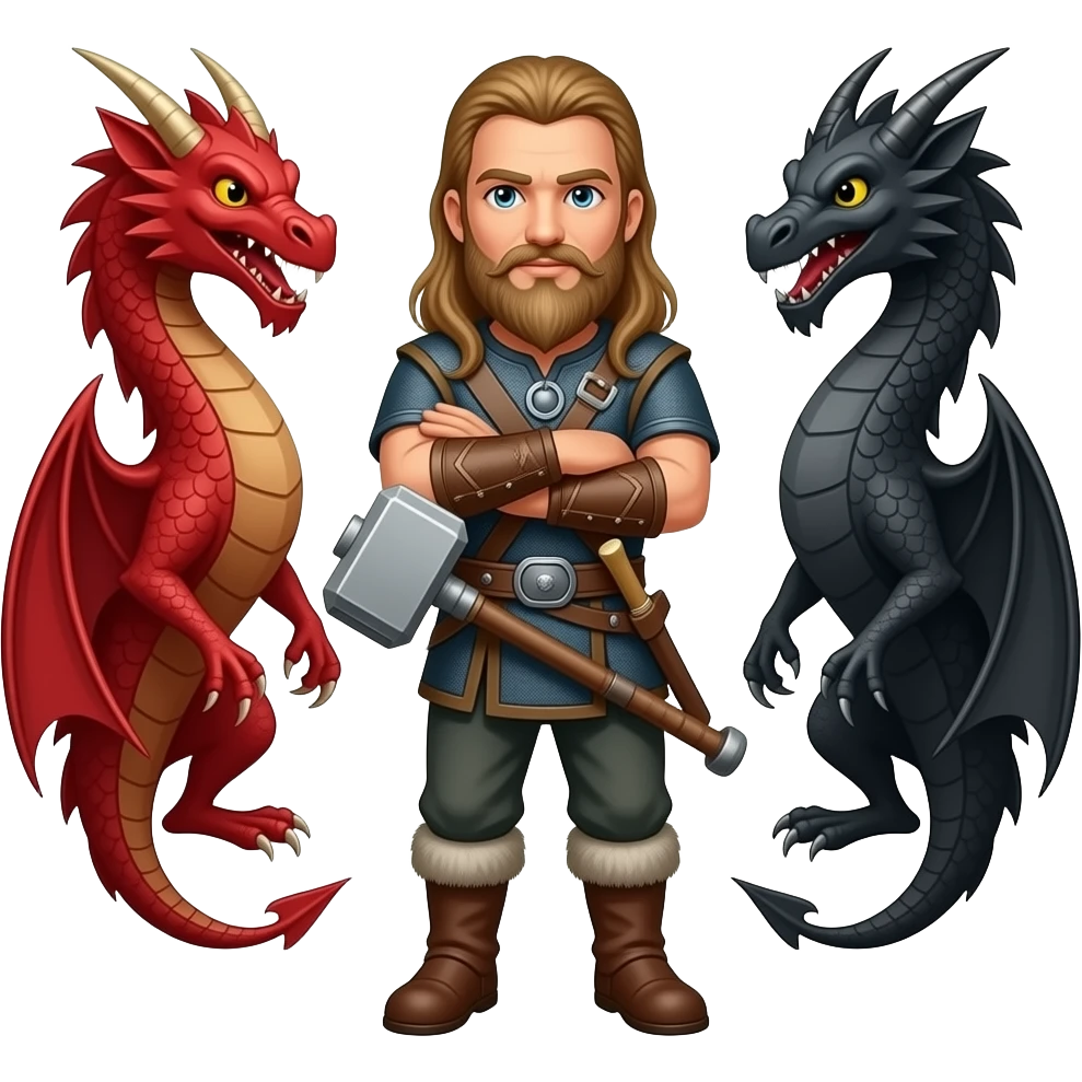 un viking aux cheveux long et une barbe moyenne argenté avec un marteau à deux main sur lequel repose ses deux mains. Ce viking est entre deux dragons, l'un est rouge et l'autre est noir emoji