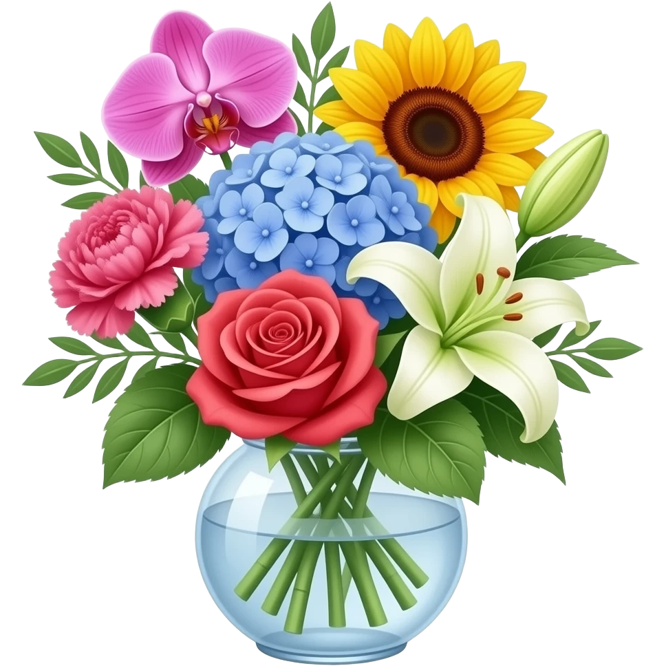 a bunch of flowers in a vase with a orchid, a carnation, a hydrangea, a rose, a sunflower and a lily emoji