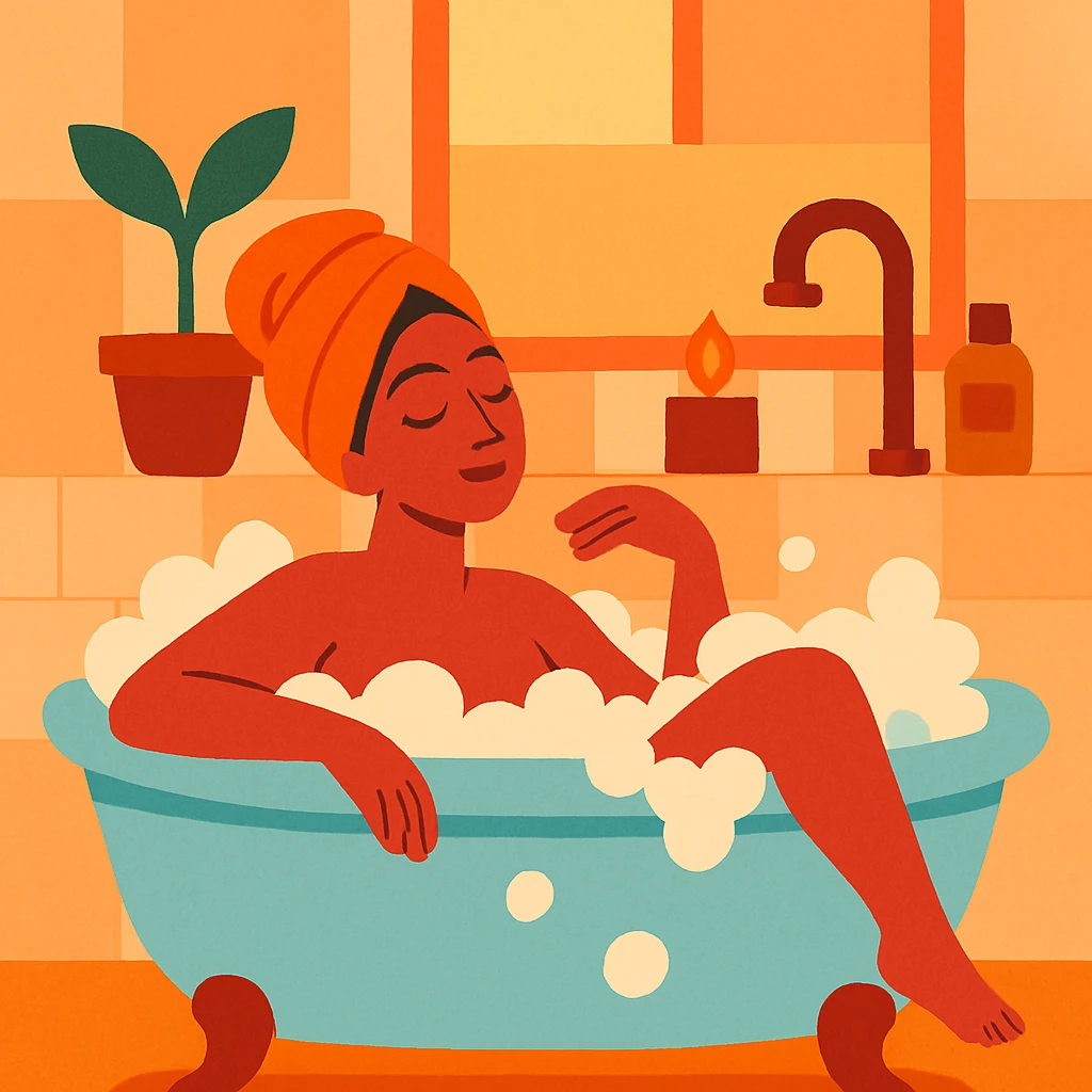 woman taking a relaxing bath, vibrant style, soft background, warm and soothing colors emoji