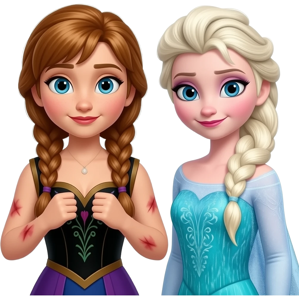 both topless breast boxing, brown two braided haired female anna arendelle and one braided haired female elsa arendelle, from disney frozen, have bruised emoji