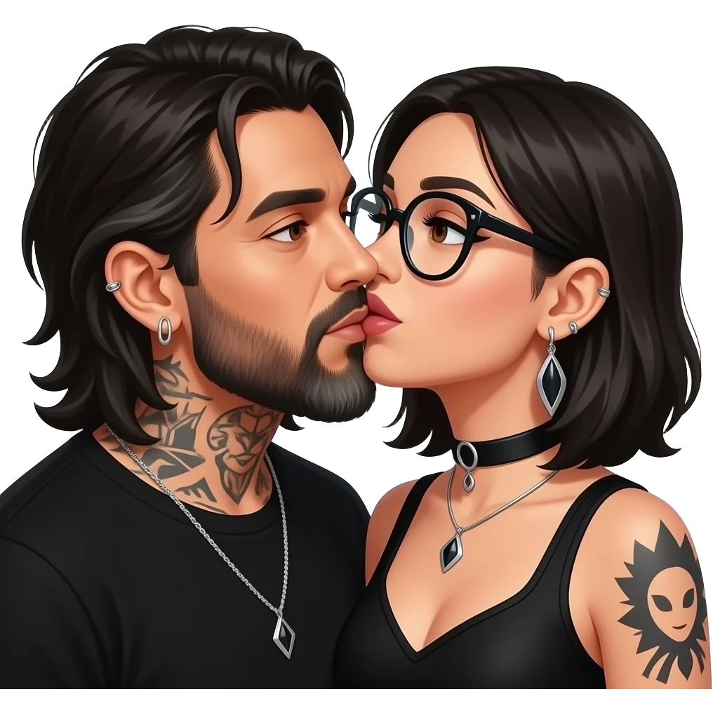 The handsome manly Latino podcast host with medium length hair, a long slightly graying beard and tattoos with his ears pierced 1 time each ear and a nose ring on the right side, dark brown eyes, wearing black, and jewelry, kissing a semi gothic woman with oversized glasses emoji