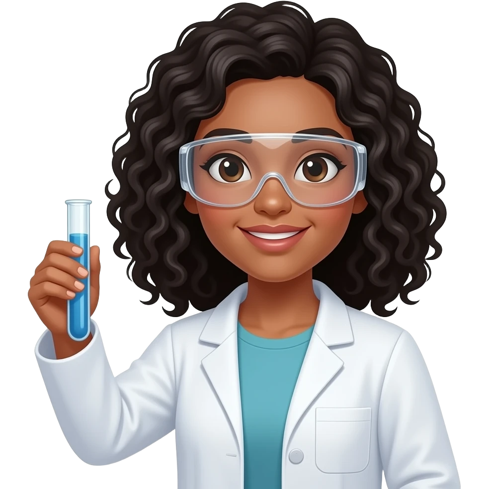 A medium-light skinned woman with black curly shoulder-length hair who's a chemist, wearing a lab coat and holding and protective googles, holding a test tube emoji