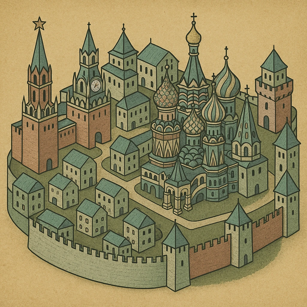Isometric miniature 3D city with iconic landmarks of Moscow, colorful stylized buildings, cartoon realism emoji