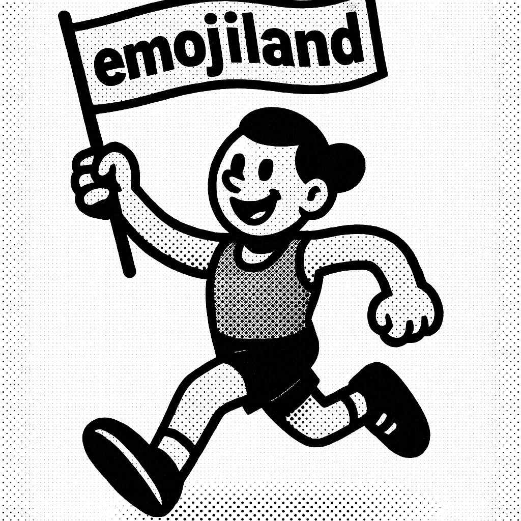happy runner waving a flag that says 'emojiland' emoji