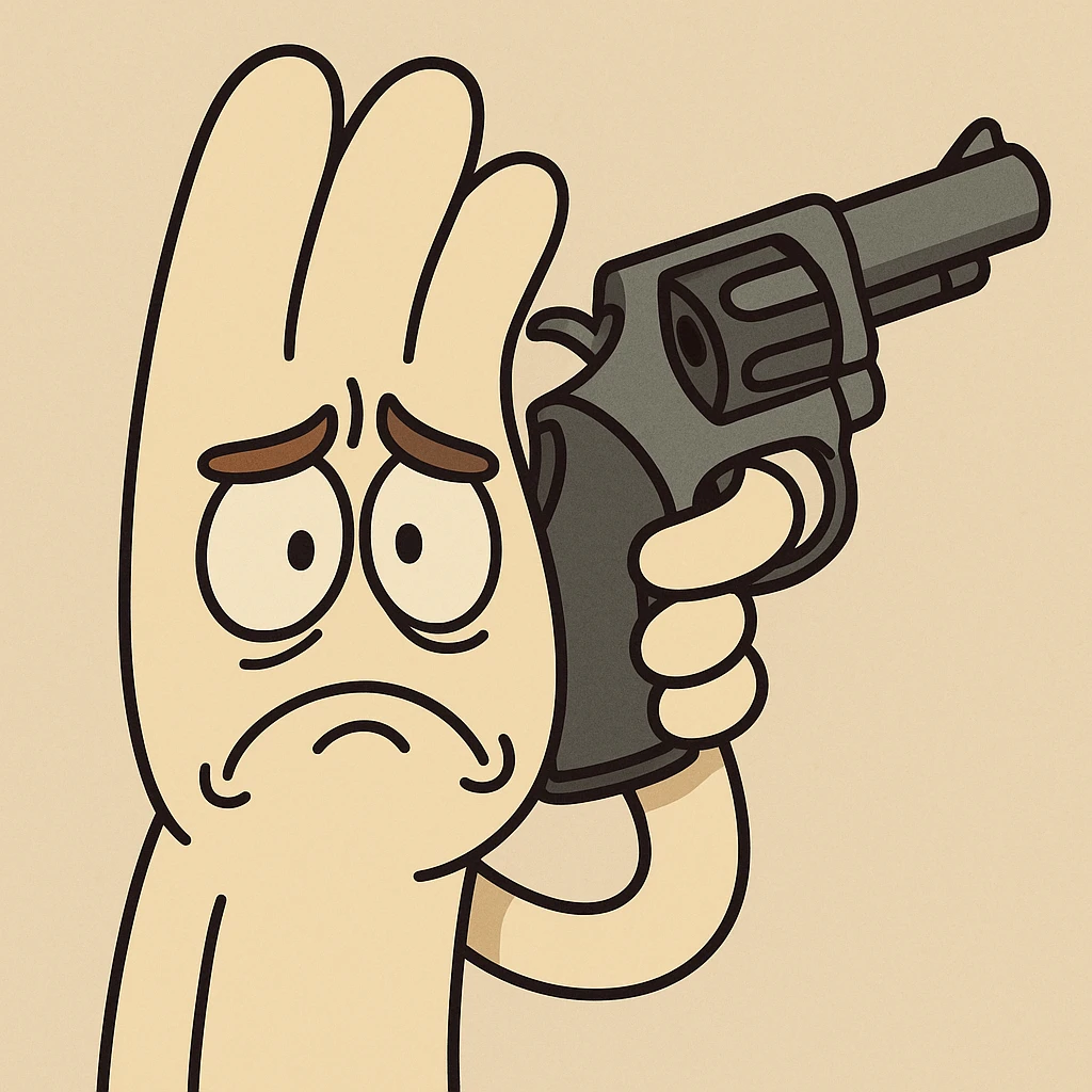 cartoon hand holding a gun to its own head, expressive, no blood, simple background emoji