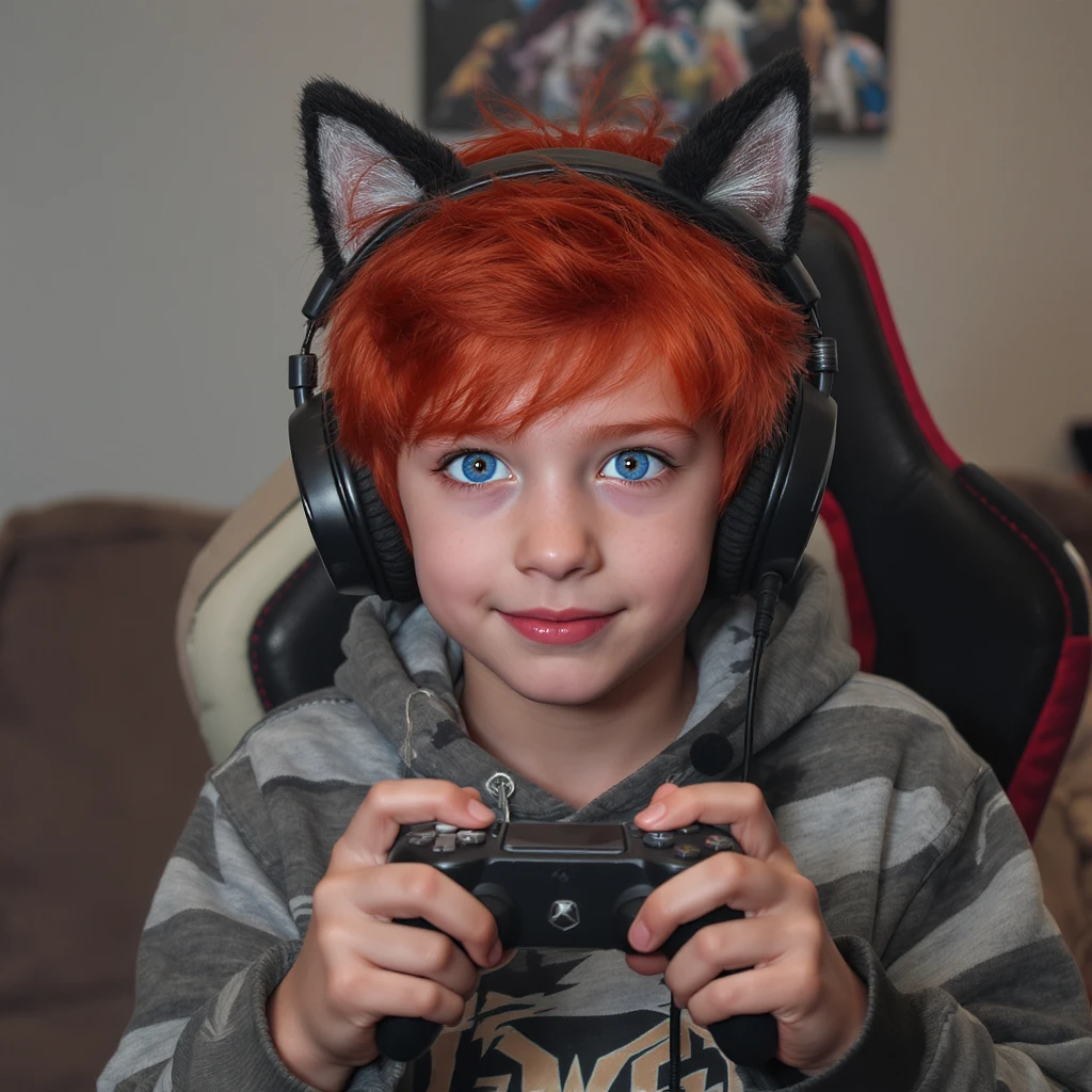 Red hair blue eye boy gaming with wolf ears emoji