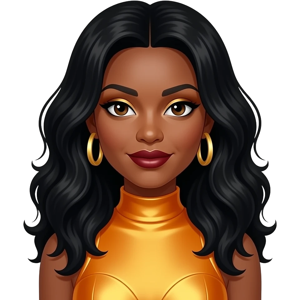 Rozonda Chilli Thomas from TLC with dark brown eyes, long black 90s wavy hair, gold eyeshadow, dark red lipstick, yellow-orange metallic high neck dress, gold earrings emoji